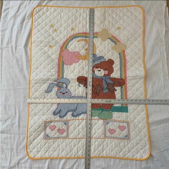 Vintage Handmade Cross Stitched Baby Blanket Rainbow Bear Rabbit Star Heart Moon - Picture 10 of 10